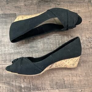 SEYCHELLES PEEP TOE BLACK CANVAS AND CORK WEDGES SIZE 8.5